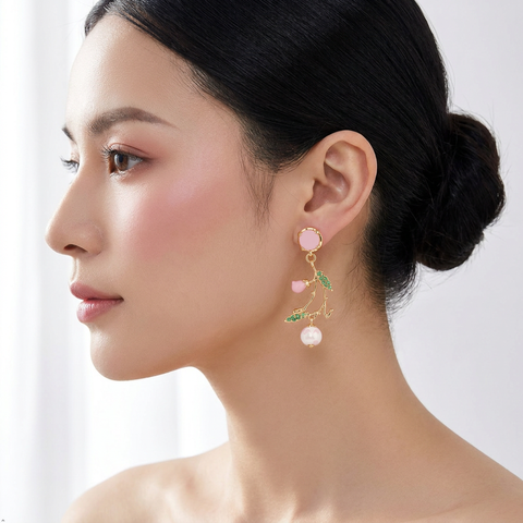 Anti-Tarnish Stainless Steel Enameled Peach Blossom Drop Earrings | Gold Organic Flower Branch Dangle For Women | Water-Resistant Cottagecore Botanical Jewelry Gift