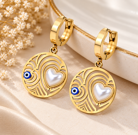 Gold Plated Heart Pearl Earrings for Women, Stainless Steel