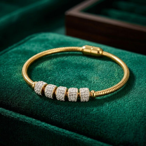 Bria By Saar Stainless Steel Golden Adjustable Gold Plated Kada Bracelet With Greek Key Pattern For Women | Premium Anti-Tarnish Open Cuff Bracelet | Stylish Daily Wear Fashion Jewellery
