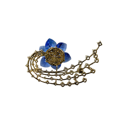 Midnight Aurora Brooch – Sapphire Blue with Crystal Petals and Chain Sparkle