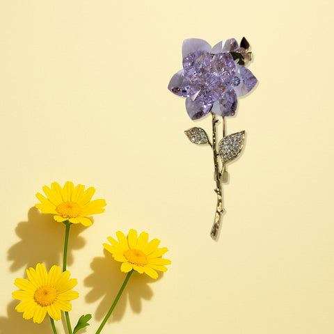 Lavender Crystal Rose Brooch with Gold Stem & Pave Leaf Detailing