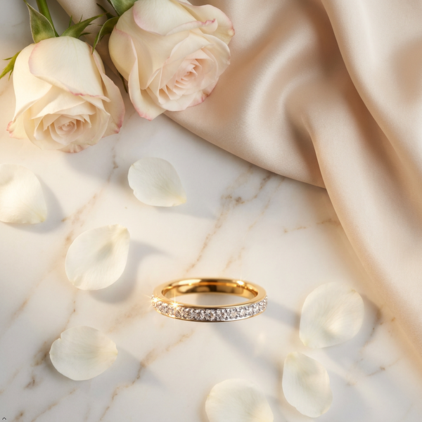 Bria By Saar Stainless Steel Golden Adjustable Gold-Plated Ring With Zircon For Women & Girls | Elegant Anti-Tarnish Statement Finger Ring | Lightweight Daily Wear Fashion Jewellery | (Size- 9)