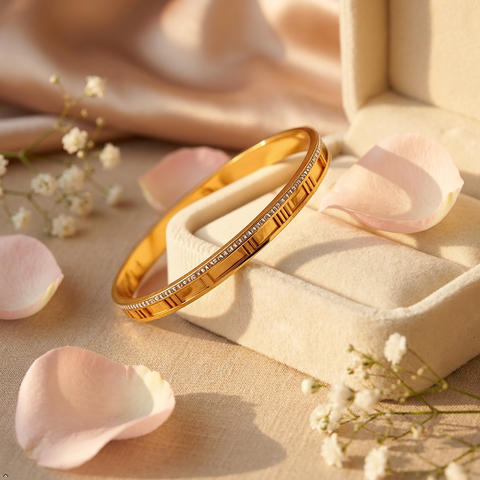 Bria By Saar Stainless Steel Golden Adjustable Gold Plated Kada Bracelet With Greek Key Pattern For Women | Premium Anti-Tarnish Open Cuff Bracelet | Stylish Daily Wear Fashion Jewellery