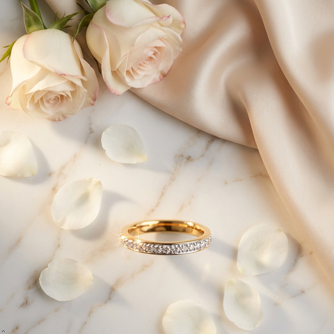 Bria By Saar Stainless Steel Golden Adjustable Gold-Plated Ring With Zircon For Women & Girls | Elegant Anti-Tarnish Statement Finger Ring | Lightweight Daily Wear Fashion Jewellery | (Size- 8)