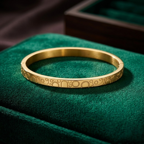 Bria By Saar Stainless Steel Golden Adjustable Gold Plated Kada Bracelet With Greek Key Pattern For Women | Premium Anti-Tarnish Open Cuff Bracelet | Stylish Daily Wear Fashion Jewellery  & Gifting