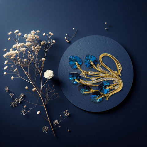 Majestic Peacock Brooch – Gold-Tone with Blue Heart-Cut Crystals