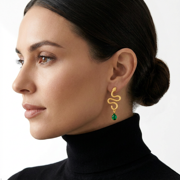 Anti-Tarnish Stainless Steel Textured Snake Drop Earrings | Gold Serpentine Dangle With Emerald Green Teardrop Crystal For Women | Water-Resistant Edgy Luxury Jewelry