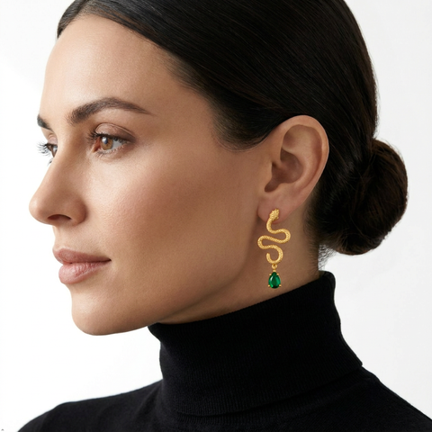 Anti-Tarnish Stainless Steel Textured Snake Drop Earrings | Gold Serpentine Dangle With Emerald Green Teardrop Crystal For Women | Water-Resistant Edgy Luxury Jewelry