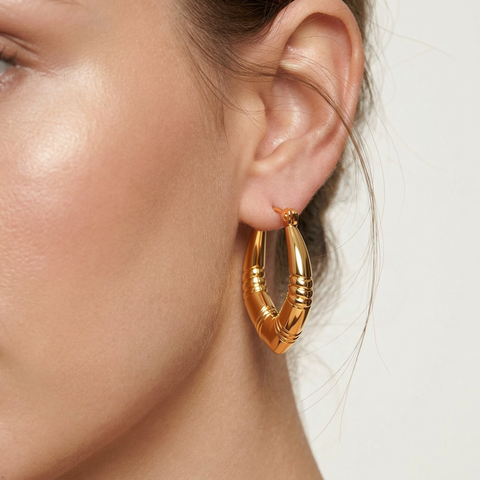 Anti-Tarnish Stainless Steel Chunky Bamboo V-Hoop Earrings | Gold Textured Geometric Tapered Hoops For Women | Water-Resistant Everyday Minimalist Luxury Jewelry