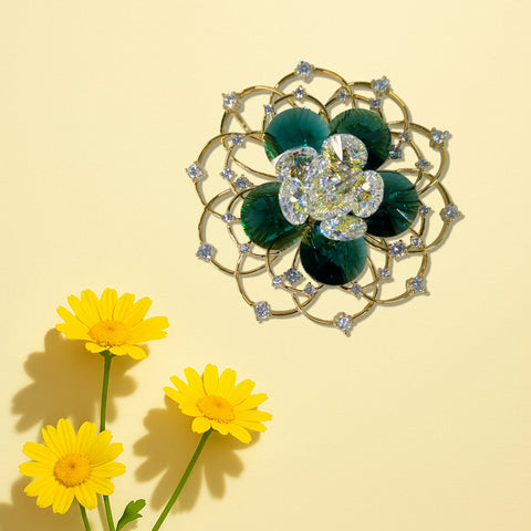 Elegant Peacock Flower Brooch – Gold Finish with Blue Gemstones & Crystal