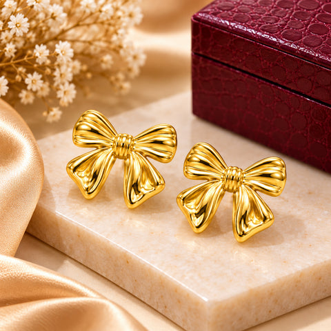 Gold Plated Stainless Steel Bow Stud Earrings for Women