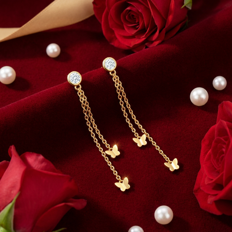 Bria By Saar 18K Gold Plated Butterfly Tassel Drop Earrings for Women & Girls | Luxury Crystal Long Chain Earrings | Premium Korean Style Statement Party Wear Fashion Jewellery | Elegant Gift for Her
