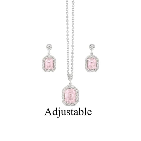 BRIA BY SAAR 925 Sterling Silver Pink Aquamarine Halo Necklace Set for Women | Romantic Pastel Gemstone Pendant & Matching Earrings | Sparkling Crystal Halo Fine Jewellery | Luxury Gift for Weddings & Anniversaries