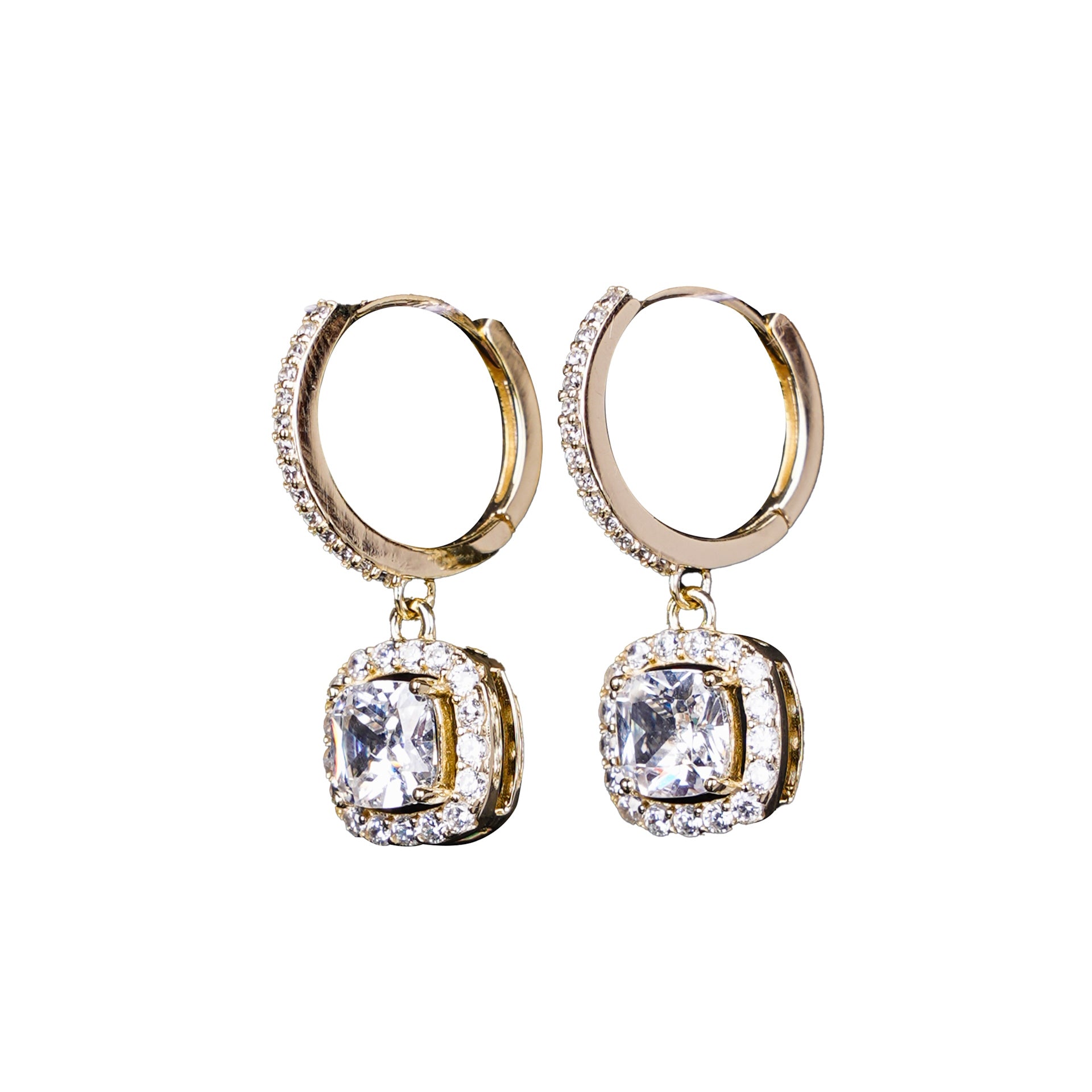 Elegant Gold-Plated Hoop Earrings with Cushion-Cut Halo Drops