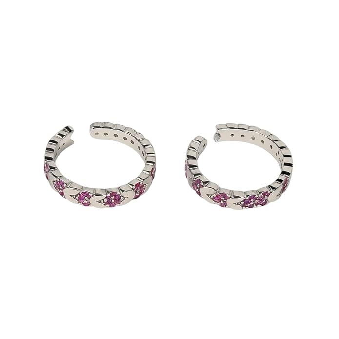 BRIA BY SAAR 925 Sterling Silver Adjustable Chain-Link Ring/Toe Ring for Women & Girls | Stylish Dual-Use Design with Pink Stone Accents | Hypoallergenic Fine Jewellery Gift (1 Pair)