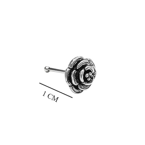 BRIA BY SAAR 925 Sterling Silver Oxidized Rose Floral Nose Pin for Women and Girls | Handcrafted Antique Rosebud Nose Stud | Ethnic Vintage Daily Wear Nose Jewelry | Hypoallergenic and Nickel-Free