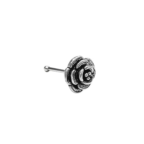 BRIA BY SAAR 925 Sterling Silver Oxidized Rose Floral Nose Pin for Women and Girls | Handcrafted Antique Rosebud Nose Stud | Ethnic Vintage Daily Wear Nose Jewelry | Hypoallergenic and Nickel-Free