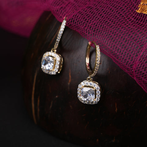 Elegant Gold-Plated Hoop Earrings with Cushion-Cut Halo Drops