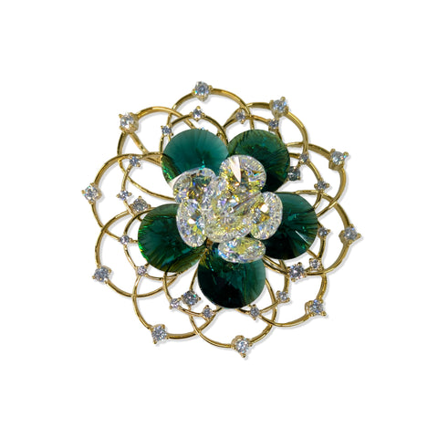 Elegant Peacock Flower Brooch – Gold Finish with Blue Gemstones & Crystal