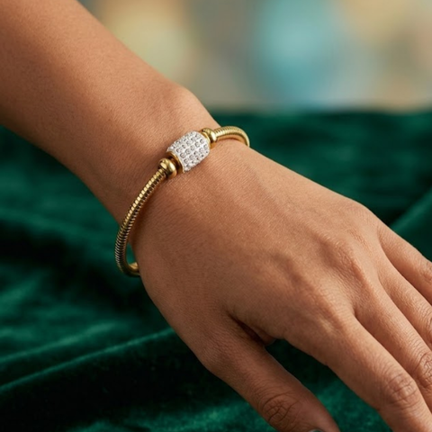 Bria By Saar Stainless Steel Golden Adjustable Gold Plated Kada Bracelet With Greek Key Pattern For Women | Premium Anti-Tarnish Open Cuff Bracelet | Stylish Daily Wear Fashion & Gifting