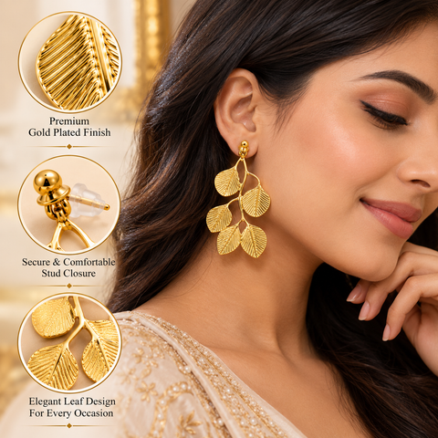 Gold Plated Teardrop Leaf Dangle Earrings for Women