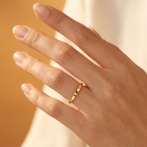 Bria By Saar Stainless Steel Golden Cubic Zirconia Gold-Plated Ring For Men & Women | Premium Crystal Studded Fashion Band | Anti-Tarnish Stylish Daily Wear Jewellery Gift | (Size- 7)