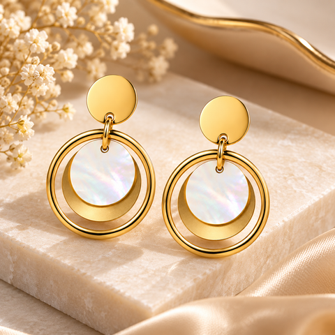 Gold Plated Circular Drop Earrings for Women with Resin and Shell Inlay