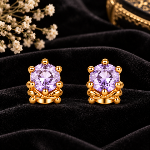 Gold Plated Purple Cubic Zirconia Stud Earrings for Women