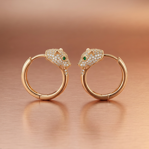 Anti-Tarnish Stainless Steel Crystal Pave Panther Head Stud Earrings | Gold Wildcat Charm With Green Crystal Eyes For Women | Water-Resistant Luxury Wildlife Jewelry