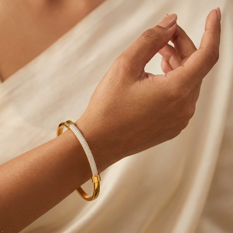 Bria By Saar Stainless Steel Golden Adjustable Gold Plated Kada Bracelet With Greek Key Pattern For Women | Premium Anti-Tarnish Open Cuff Bracelet | Stylish Daily Wear Fashion Jewellery