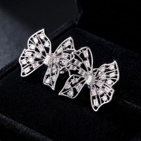 Anti-Tarnish Stainless Steel Silver Crystal Bow Stud Earrings | Baguette & Round Rhinestone Openwork Butterfly Earrings For Women | Water-Resistant Luxury Statement Jewelry Gift
