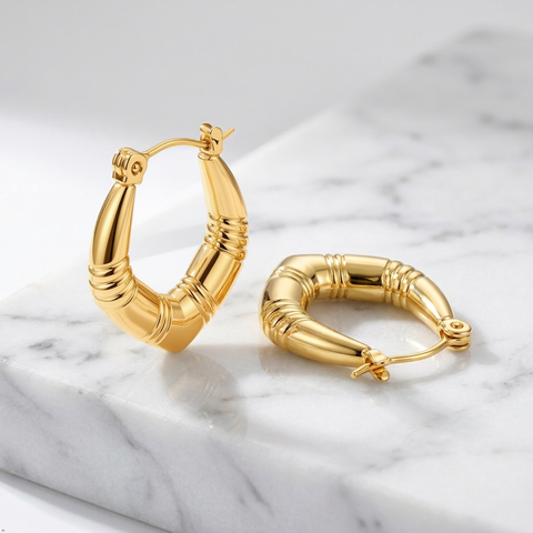 Anti-Tarnish Stainless Steel Chunky Bamboo V-Hoop Earrings | Gold Textured Geometric Tapered Hoops For Women | Water-Resistant Everyday Minimalist Luxury Jewelry