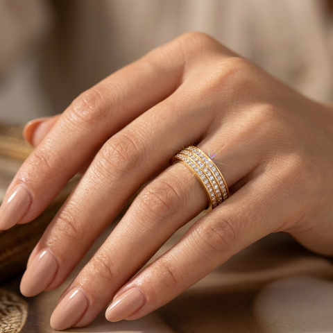 Bria By Saar Stainless Steel Golden Cubic Zirconia Gold-Plated Ring For Men & Women | Premium Crystal Studded Fashion Band | Anti-Tarnish Stylish Daily Wear Jewellery Gift | (Size- 8)