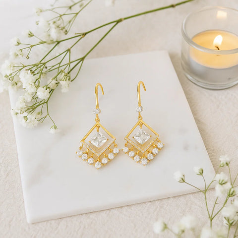 Elegant Gold-Plated Dangle Earrings with Square Zircon Accents