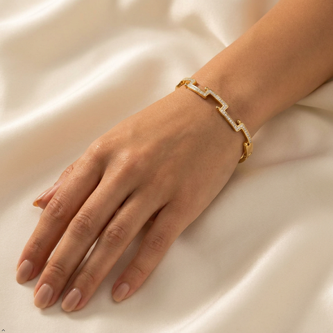 Bria By Saar Stainless Steel Golden Adjustable Gold Plated Kada Bracelet With Greek Key Pattern For Women | Premium Anti-Tarnish Open Cuff Bracelet | Stylish Daily Wear Fashion Jewellery