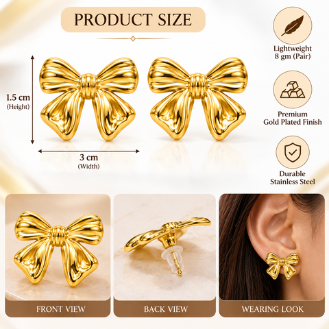 Gold Plated Stainless Steel Bow Stud Earrings for Women