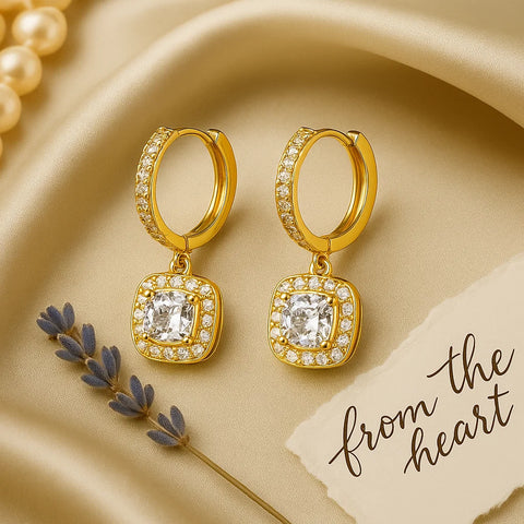 Elegant Gold-Plated Hoop Earrings with Cushion-Cut Halo Drops