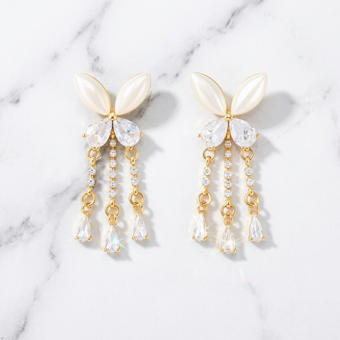 Anti-Tarnish Stainless Steel Cat-Eye Shell Butterfly Tassel Earrings | Gold Mother Of Pearl Drop Fringe Dangle For Women | Water-Resistant Elegant Luxury Jewelry Gift