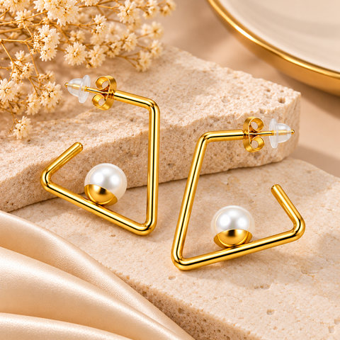 Gold Plated Square Pearl Drop Earrings for Women, Stainless Steel