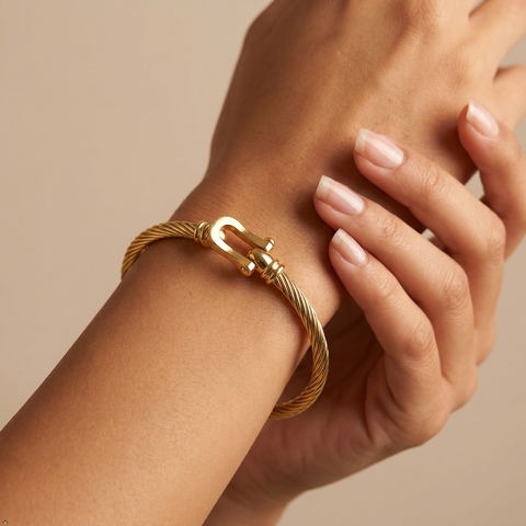Bria By Saar Stainless Steel Golden Adjustable Gold Plated Kada Bracelet With Greek Key Pattern For Women | Premium Anti-Tarnish Open Cuff Bracelet | Stylish Daily Wear Fashion Jewellery