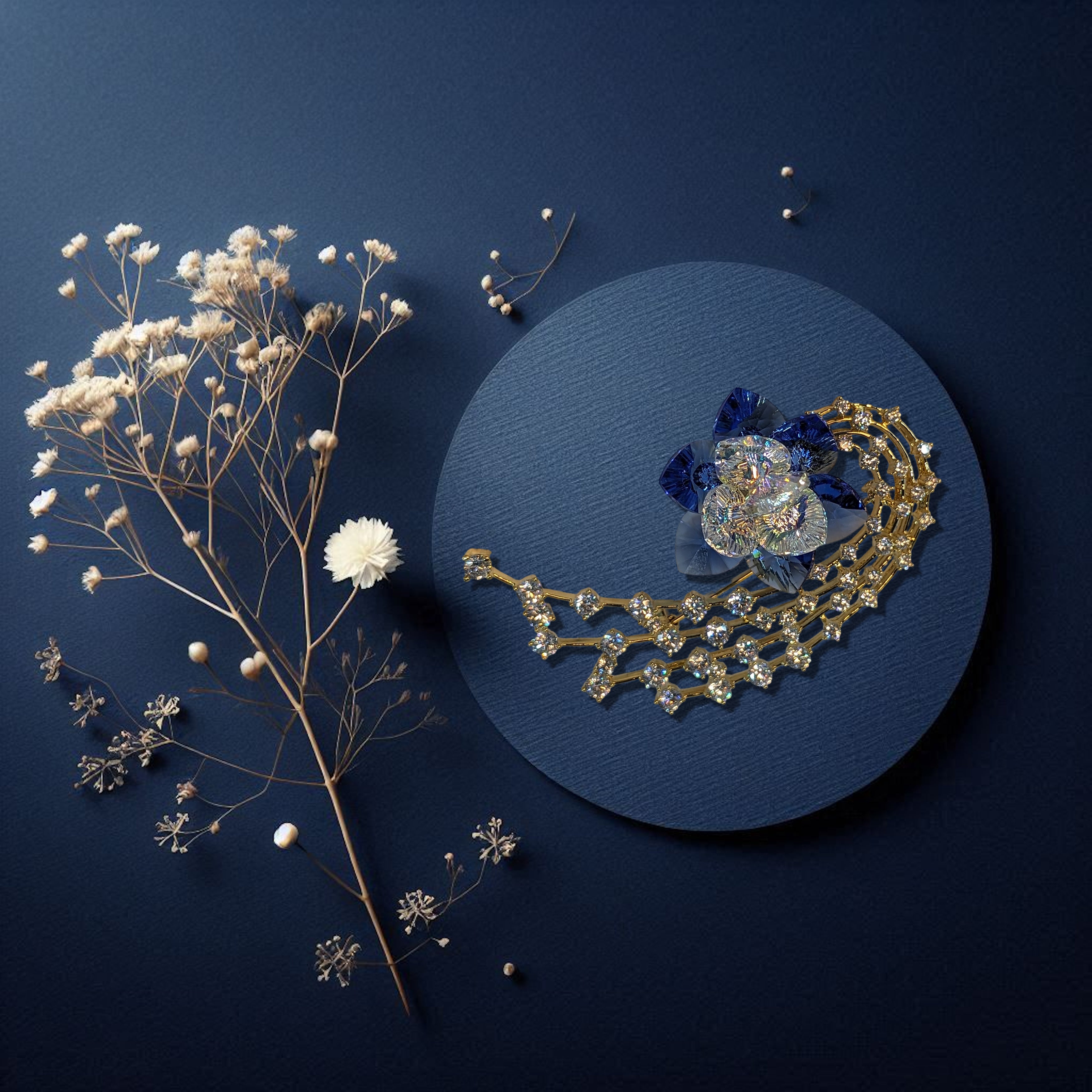 Midnight Aurora Brooch – Sapphire Blue with Crystal Petals and Chain Sparkle