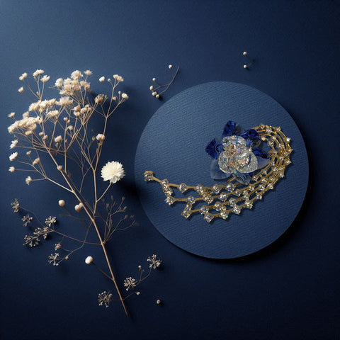 Midnight Aurora Brooch – Sapphire Blue with Crystal Petals and Chain Sparkle