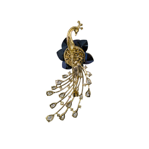 Exquisite Peacock Brooch with Blue Gemstone Petals & Cascading Crystal Tail
