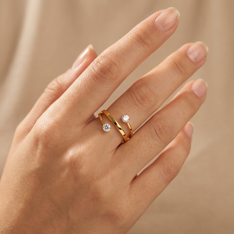 Bria By Saar Stainless Steel Golden Adjustable Gold-Plated Ring With Zircon For Women & Girls | Elegant Anti-Tarnish Statement Finger Ring | Lightweight Daily Wear Fashion Jewellery | (Size- 8)