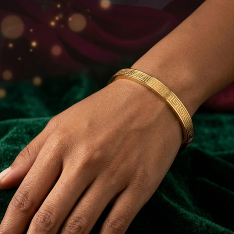 Bria By Saar Stainless Steel Golden Adjustable Gold Plated Kada Bracelet With Greek Key Pattern For Women | Premium Anti-Tarnish Open Cuff Bracelet Jewellery For Party & Gifting