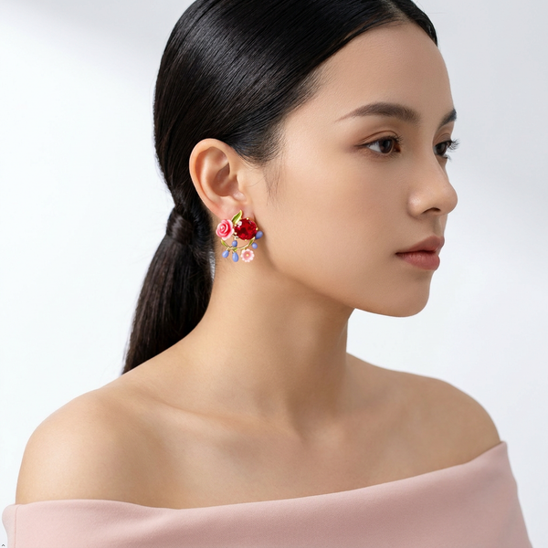 Anti-Tarnish Stainless Steel Ruby Crystal Rose Stud Earrings | Gold Enameled Garden Flower Wreath Ear Studs For Women | Water-Resistant Cottagecore Jewelry Gift