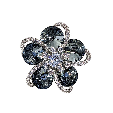 Elegant Blue Floral Brooch – Silver-Tone with Cubic Zirconia Accents