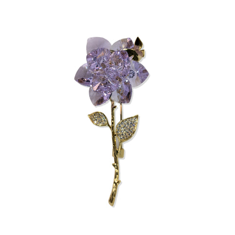 Lavender Crystal Rose Brooch with Gold Stem & Pave Leaf Detailing