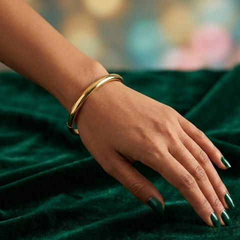Bria By Saar Stainless Steel Golden Adjustable Gold Plated Kada Bracelet With Greek Key Pattern For Women | Premium Anti-Tarnish Open Cuff Bracelet | Stylish Daily Wear Fashion