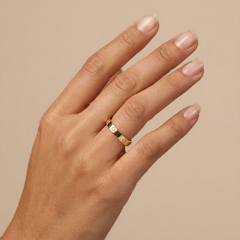 Bria By Saar Stainless Steel Golden Geometric Link Ring With Cubic Zirconia For Women | Gold-Plated Statement Finger Ring | Stylish Anti-Tarnish Fashion Jewellery For Daily Wear, Party & Gifting | (Size- 7)